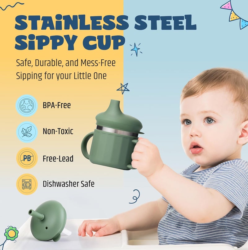 Jumble Dream Baby & Toddler Stainless Steel Sippy Cup Silicon Training Stainless Steel Kids Cups with Straw, Babies Tumbler with Straw No Spill | 6-24 Month Toddler Sippy Cup (Sage Breeze) - Image 5
